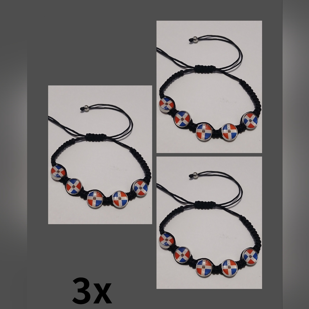 3x Handmade Dominican Flag  BlackRope  Cord Adjustable Bracelet Dominican